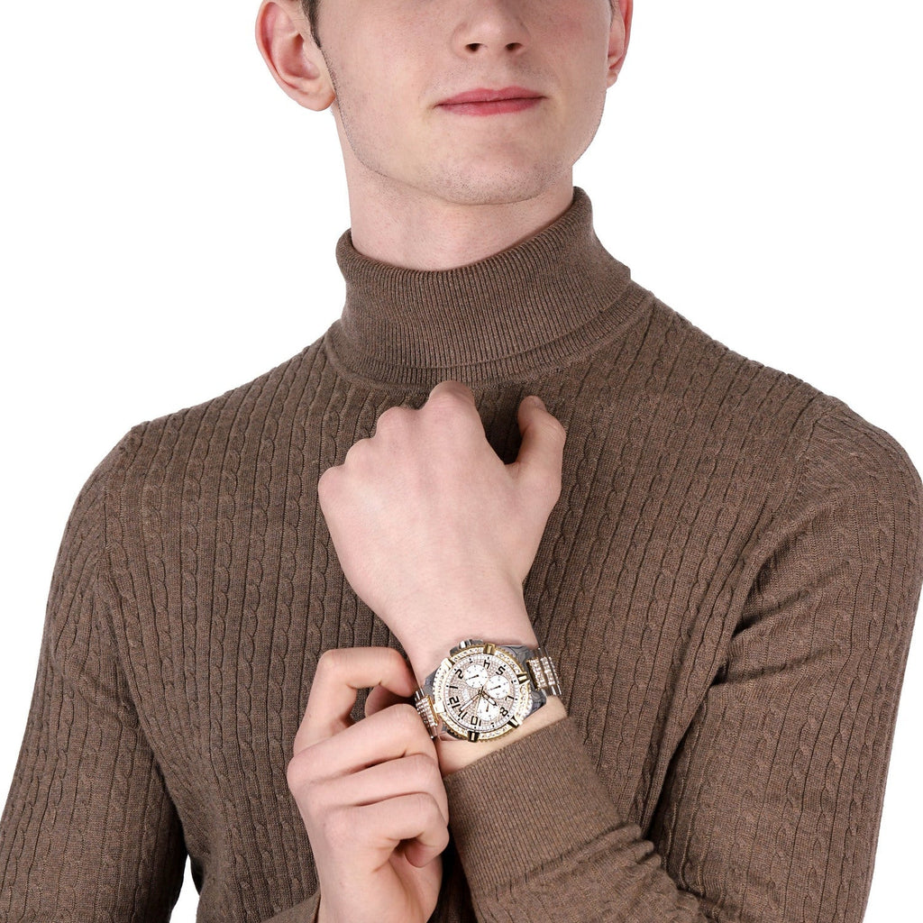 Guess Frontier Chronograph Crystals Silver Dial Two Tone Steel Strap Watch for Men - W0799G4 Buy Now By Guess