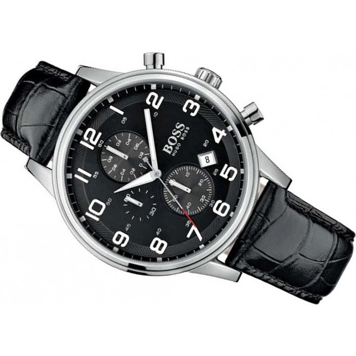 Hugo Boss Aeroliner Chronograph Black Dial Black Leather Strap Watch For Men - 1512448 Buy Now By Hugo Boss