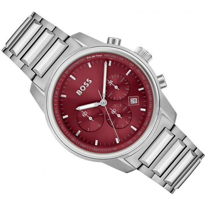 Hugo Boss Trace Chronograph Red Dial Silver Steel Strap Watch For Men - 1514004 Buy Now By Hugo Boss