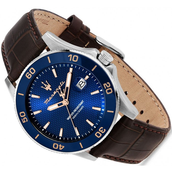 Maserati Competizione Analog Blue Dial Brown Leather Strap Watch for Men - R8851100004 Buy Now By Maserati