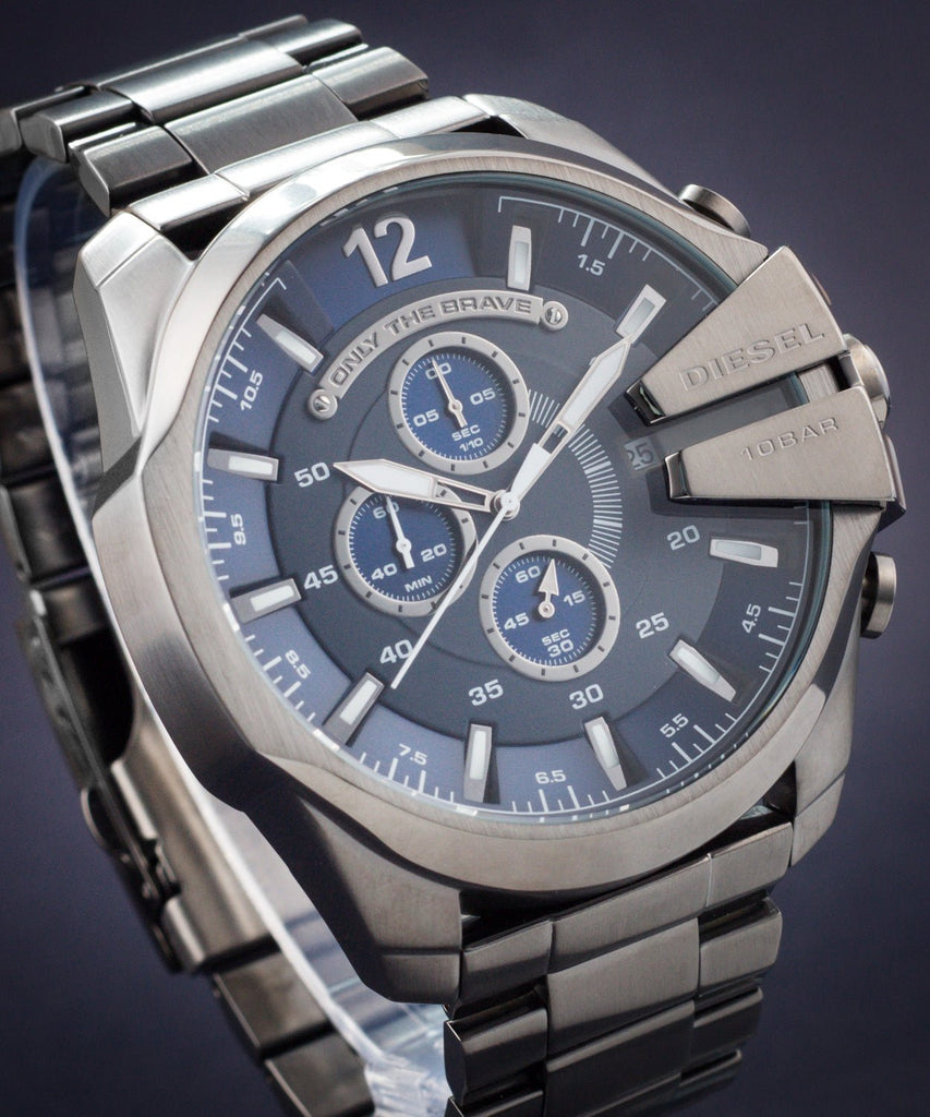 Diesel Mega Chief Chronograph Blue Dial Black Steel Strap Watch For Men - DZ4329 Buy Now By Diesel