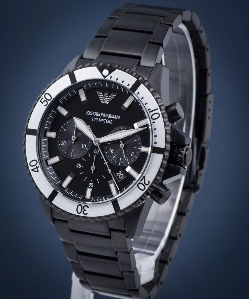 Emporio Armani Diver Chronograph Black Dial Black Steel Strap Watch For Men - AR80050 Buy Now By Emporio Armani