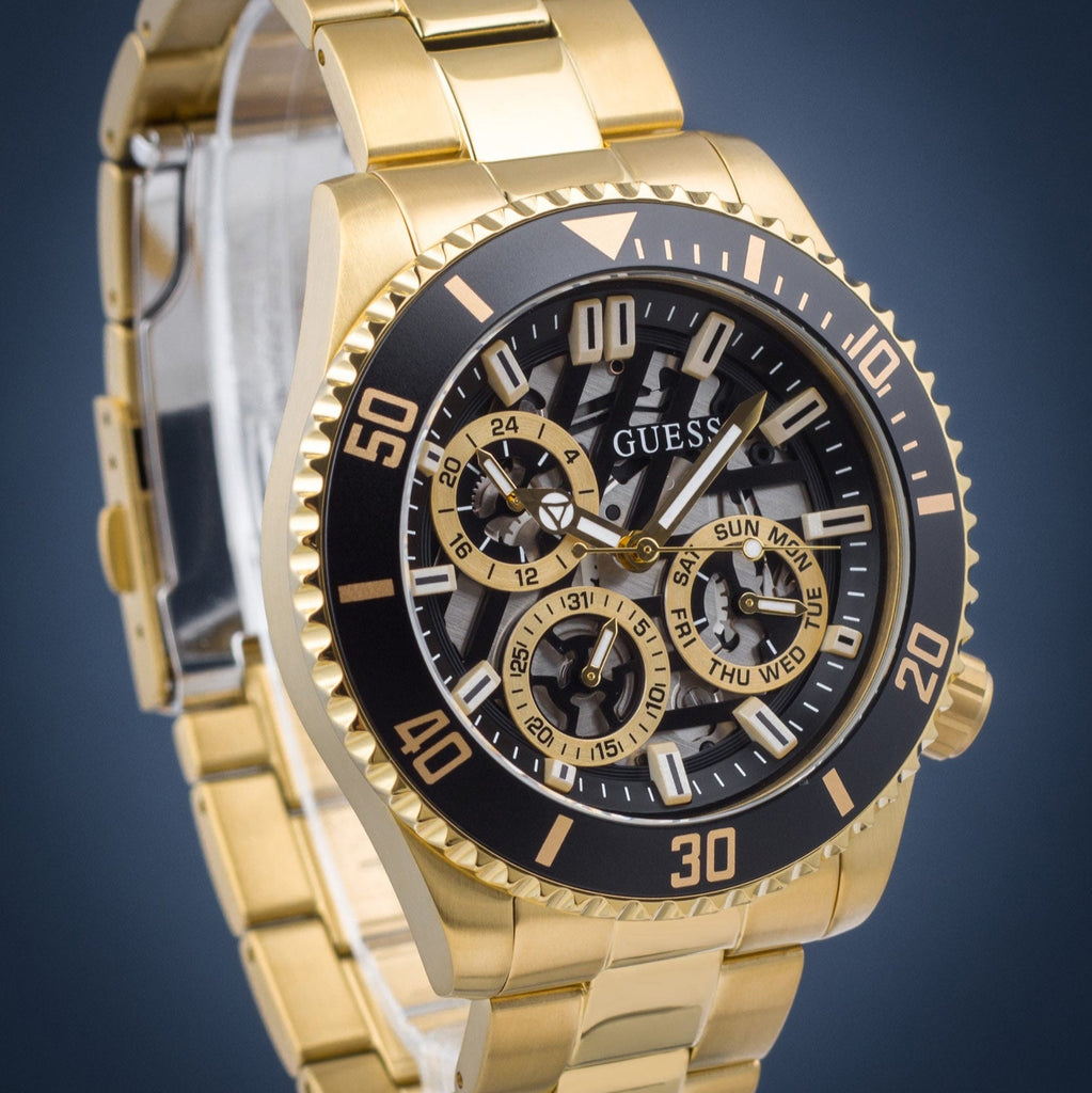 Guess Axle Multifunction Black Dial Gold Steel Strap Watch For Men - GW0488G2 Buy Now By Guess