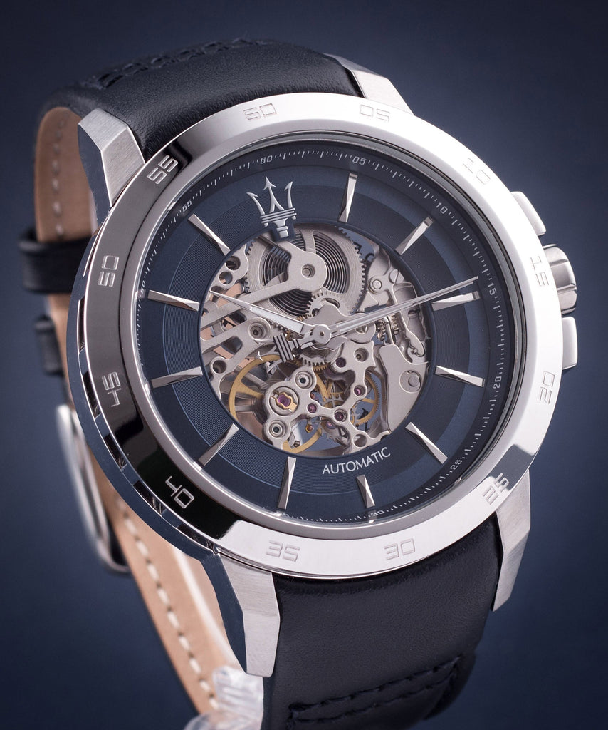 Maserati Ingegno Automatic Blue Skeleton Dial Black Leather Strap Watch For Men - R8821119004 Buy Now By Maserati