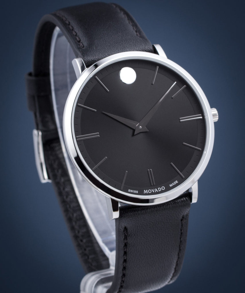 Movado Ultra Slim Black Dial Black Leather Strap Watch For Men - 0607086 Buy Now By Movado