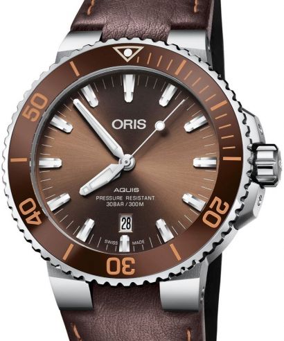 Oris Aquis Date Brown Dial Brown Leather Strap Watch for Men - 0173377304152-0752412EB Buy Now By Oris