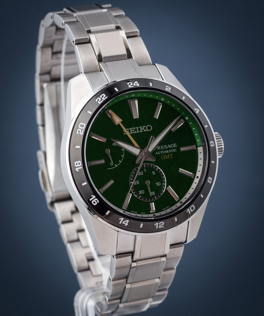 Seiko Presage Sharp Edged Series GMT Green Dial Silver Steel Strap Watch For Men - SPB219J1 Buy Now By Seiko