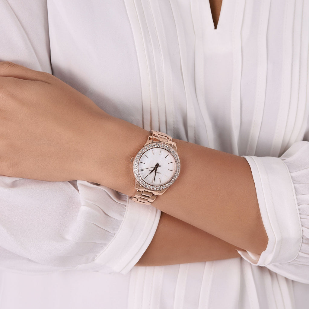 Michael Kors Lilane Three Hand Mother of Pearl White Dial Rose Gold Steel Strap Watch For Women - MK4557 Buy Now By Michael Kors