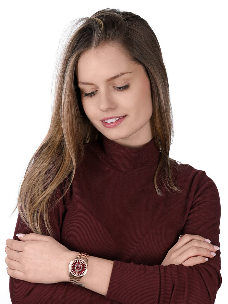 Michael Kors Layton Three Hand Red Dial Rose Gold Steel Strap Watch For Women - MK6893 Buy Now By Michael Kors