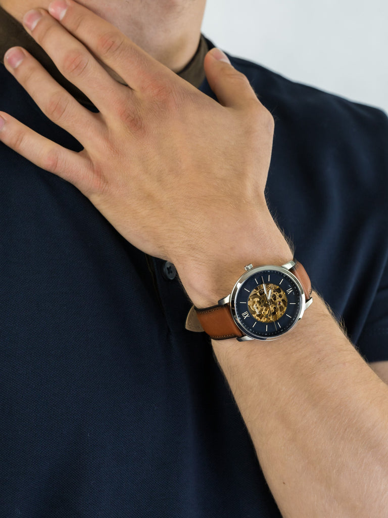 Fossil Neutra Automatic Luggage Skeleton Blue Dial Brown Leather Strap Watch for Men - ME3160 Buy Now By Fossil