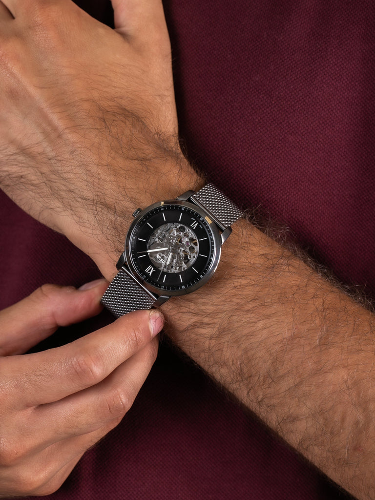 Fossil Neutra Automatic Skeleton Black Dial Grey Mesh Strap Watch for Men - ME3185 Buy Now By Fossil