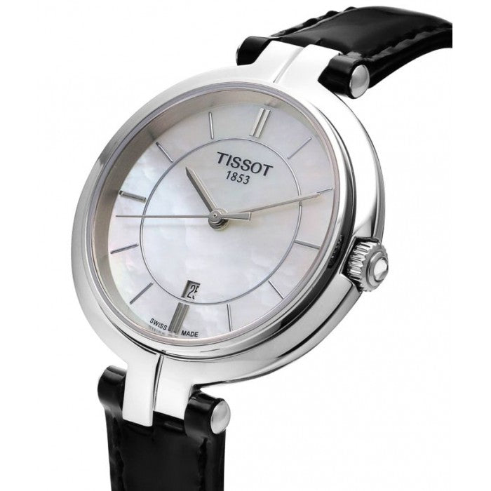 Tissot T Lady Flamingo Mother of Pearl White Dial Black Leather Strap Watch for Women - T094.210.16.111.00 Buy Now By Tissot