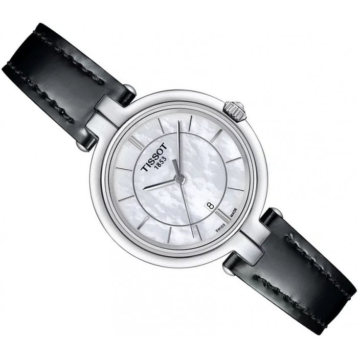 Tissot T Lady Flamingo Mother of Pearl White Dial Black Leather Strap Watch for Women - T094.210.16.111.00 Buy Now By Tissot