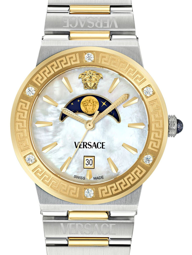 Versace Greca Logo Moonphase Mother of Pearl Dial Two Tone Steel Strap Watch for Women - VE7G00524 Buy Now By Versace