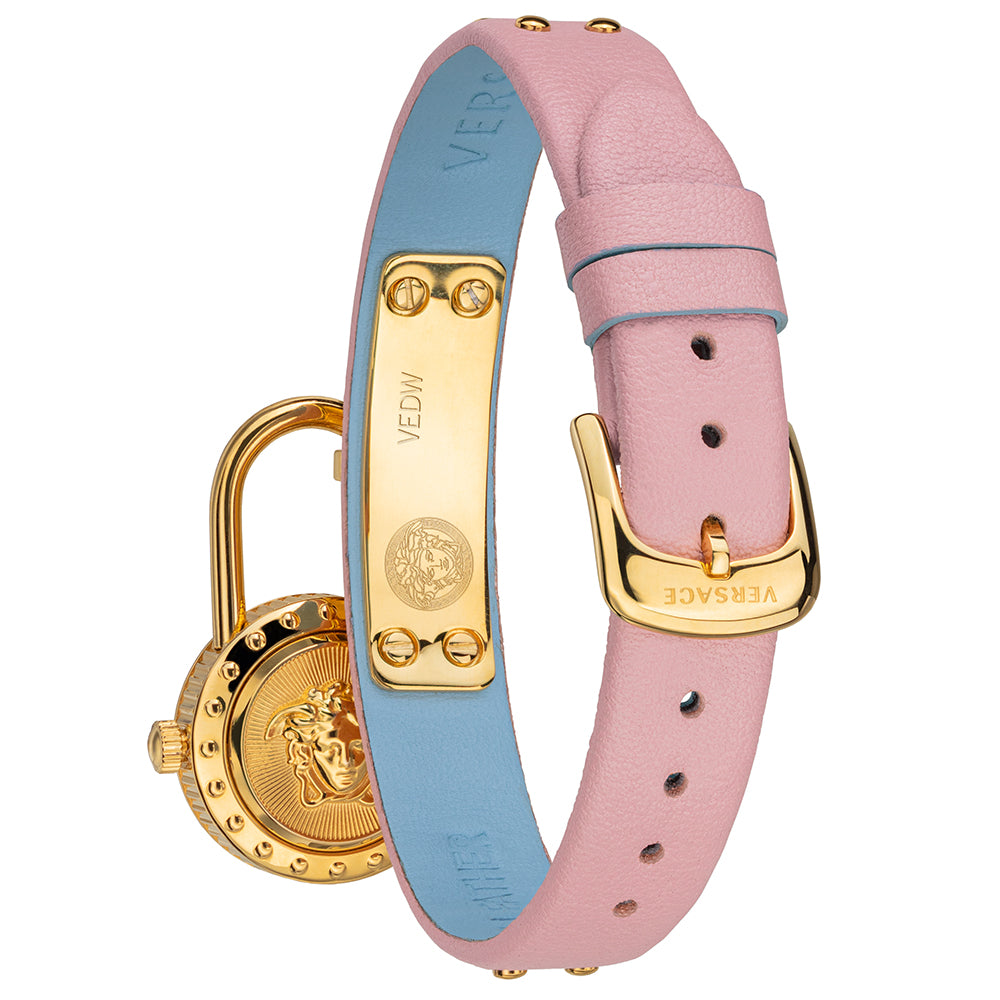 Versace Medusa Lock Icon Quartz Gold Dial Pink & Blue Leather Strap Watch For Women - VEDW00219 Buy Now By Versace
