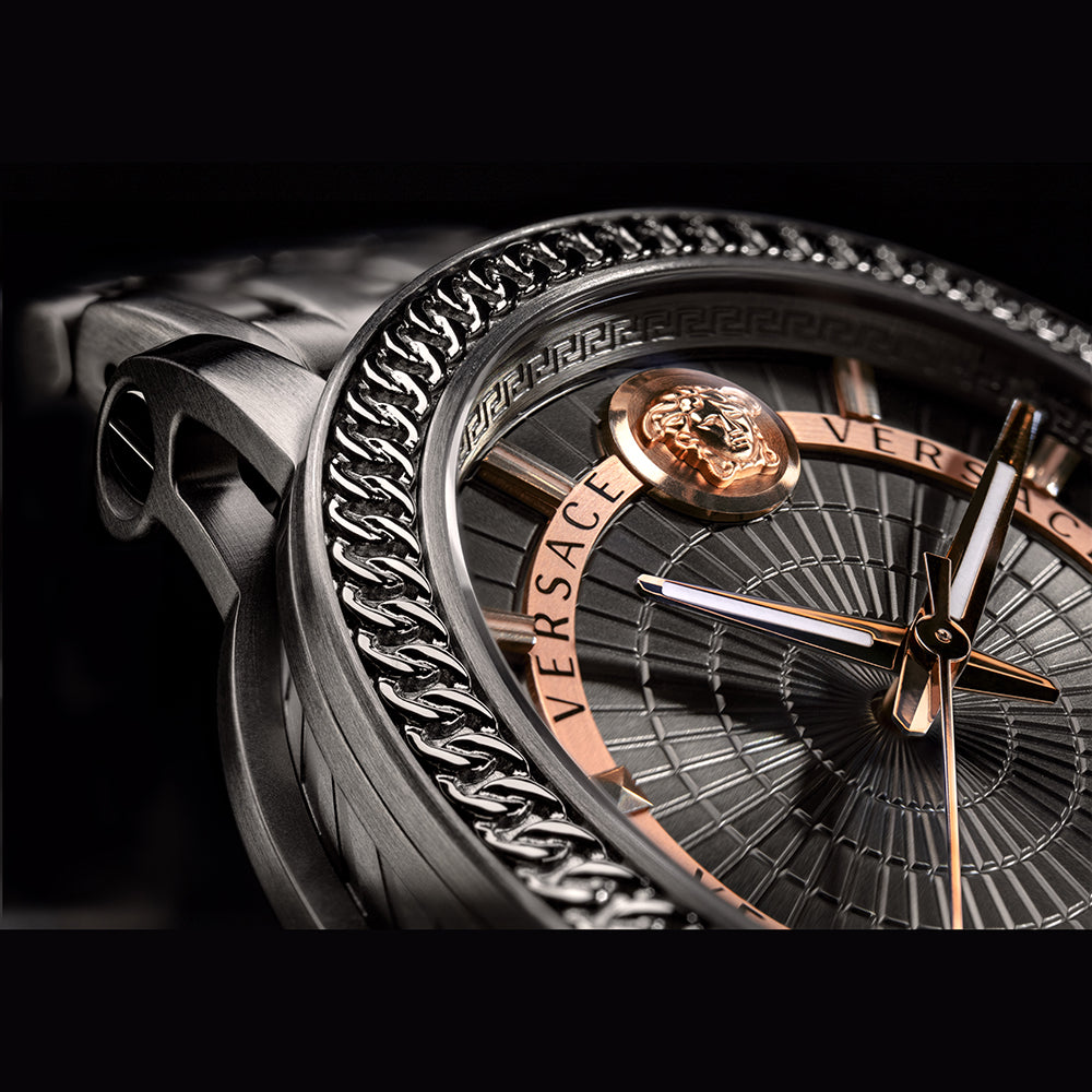 Versace Viamond Quartz Black Dial Grey Steel Strap Watch For Men - VEPO00520 Buy Now By Versace