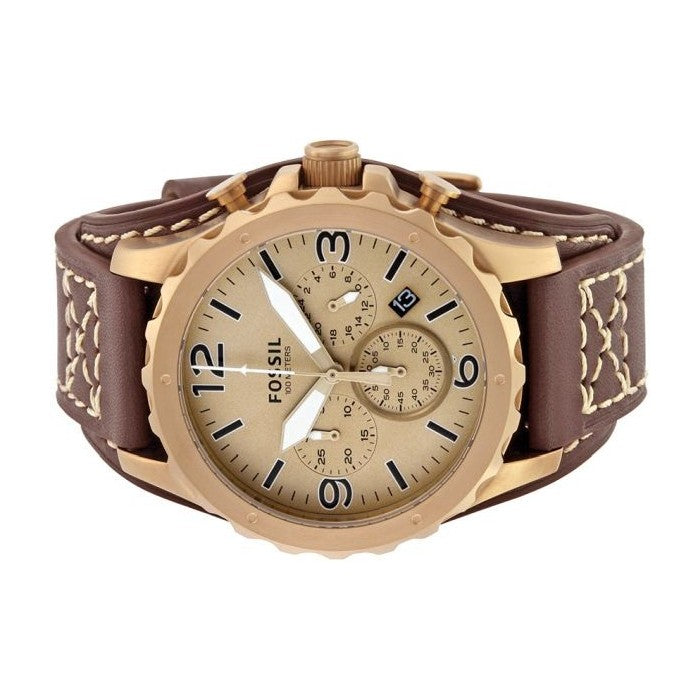 Fossil Nate Chronograph Gold Dial Brown Leather Strap Watch for Men - JR1495 Buy Now By Fossil