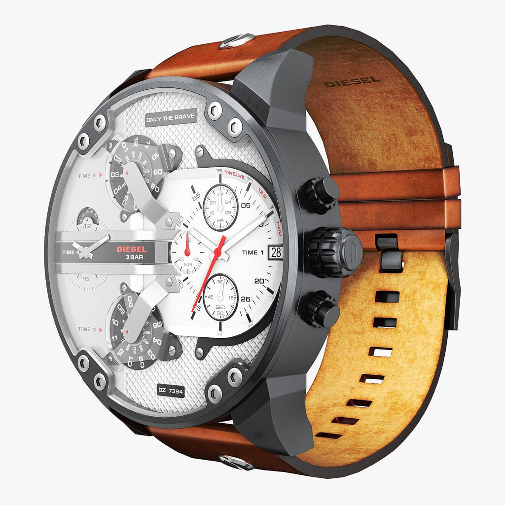 Diesel Mr. Daddy 2.0 Chronograph Silver Dial Brown Leather Strap Watch For Men - DZ7394 Buy Now By Diesel