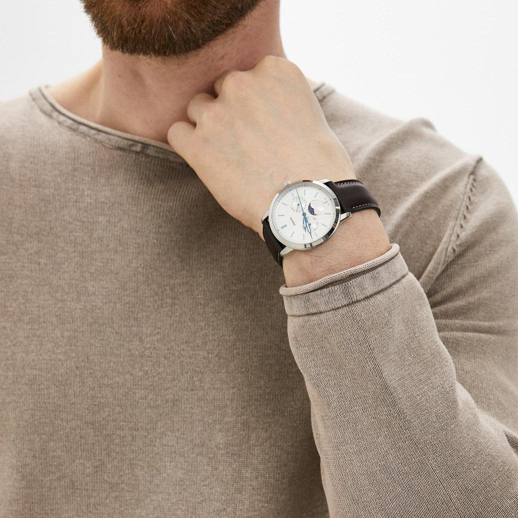 Fossil Neutra Minimalist Moonphase Silver Dial Brown Leather Strap Watch for Men - FS5905 Buy Now By Fossil