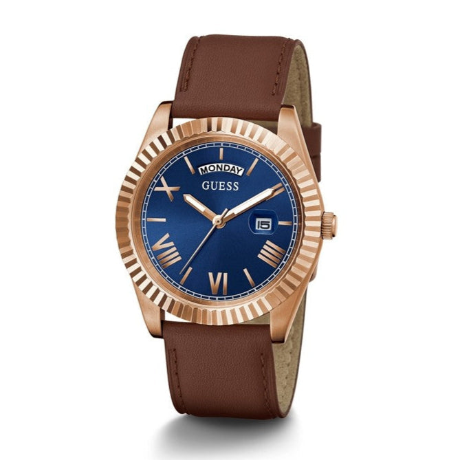 Guess Connoisseur Blue Dial Brown Leather Strap Watch For Men - GW0353G2 Buy Now By Guess