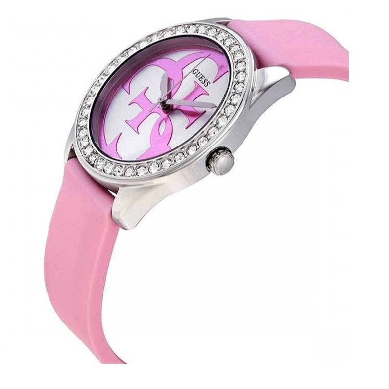 Guess G-Twist Diamonds Silver Dial Pink Rubber Strap Watch for Women - W1240L1 Buy Now By Guess