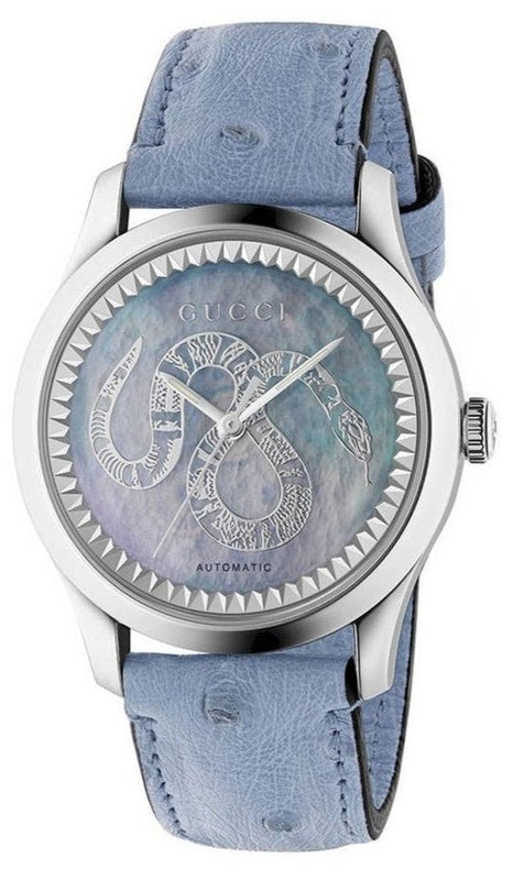 Gucci G Timeless Automatic Mother of Pearl Dial Blue Leather Strap Watch For Women - YA1264113 Buy Now By Gucci