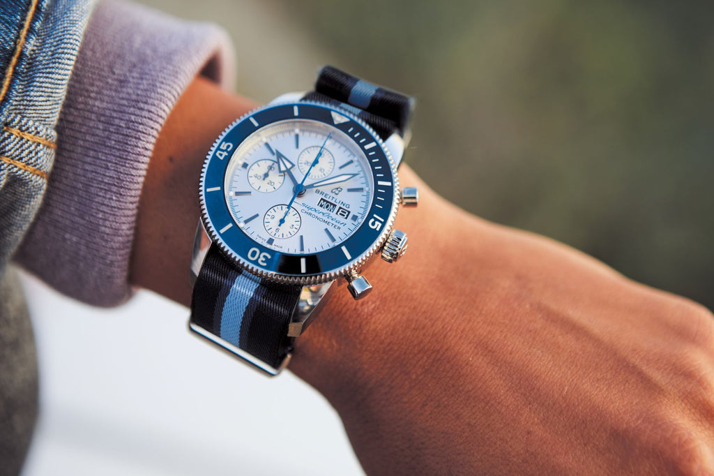 Breitling Superocean Heritage Chronograph 44 Ocean Conservancy Silver Dial Two Tone NATO Strap Watch for Men - A133131A1G1W1 Buy Now By Breitling