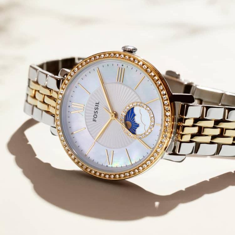 Fossil Jacqueline Analog Moonphase Mother of Pearl White Dial Two Tone Steel Strap Watch for Women - ES5166 Buy Now By Fossil