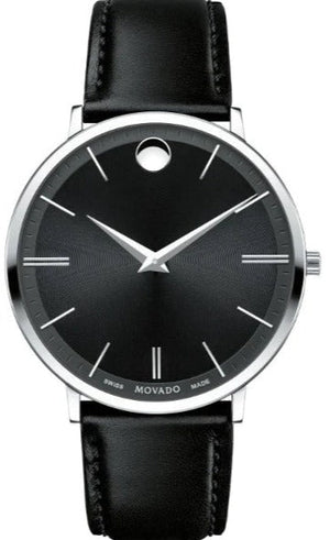 Movado Ultra Slim Black Dial Black Leather Strap Watch For Men - 0607086 Buy Now By Movado