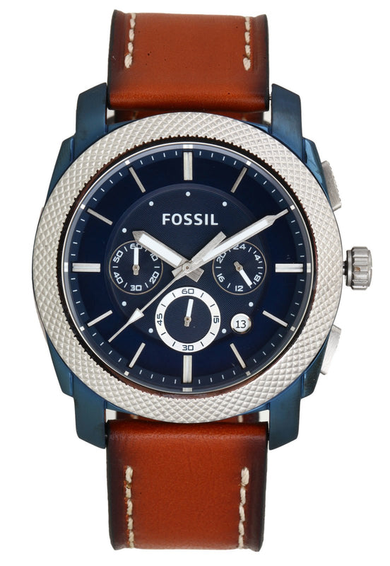 Fossil Machine Chronograph Blue Dial Brown Leather Strap Watch for Men - FS5232 Buy Now By Fossil