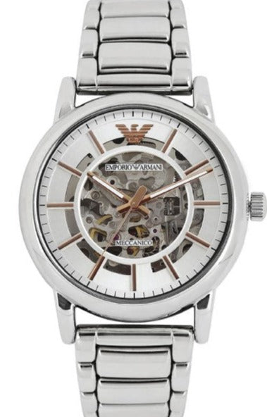 Emporio Armani Meccanico Skeleton Silver Dial Silver Steel Strap Watch For Men - AR1980 Buy Now By Emporio Armani
