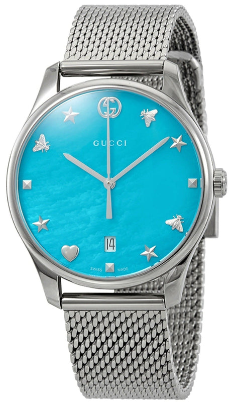 Gucci G-Timeless Turquoise Mother of Pearl Dial Silver Mesh Bracelet Watch For Women - YA126582 Buy Now By Gucci
