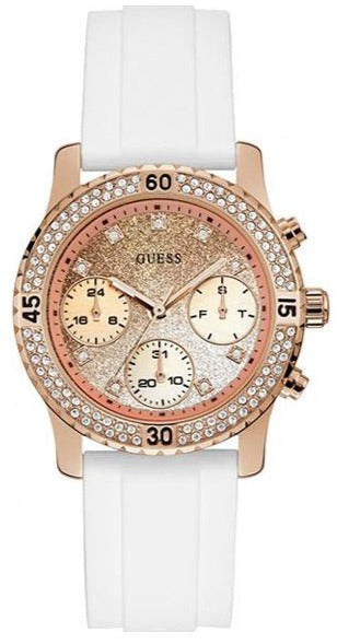 Guess Confetti Crystal Rose Gold Dial White Silicone Strap Watch For Women - W1098L5 Buy Now By Guess