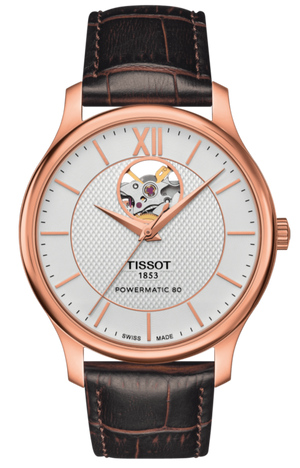 Tissot Tradition Powermatic 80 Open Heart Silver Dial Brown Leather Strap Watch For Men - T063.907.36.038.00 Buy Now By Tissot