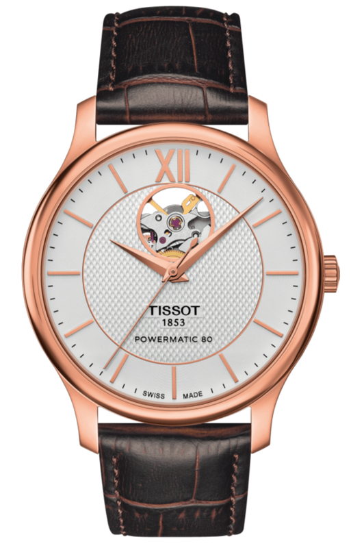 Tissot Tradition Powermatic 80 Open Heart Silver Dial Brown Leather Strap Watch For Men - T063.907.36.038.00 Buy Now By Tissot