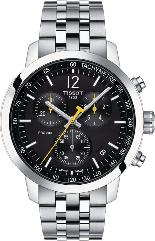Tissot PRC 200 Chronograph Black Dial Silver Steel Strap Watch For Men - T114.417.11.057.00 Buy Now By Tissot