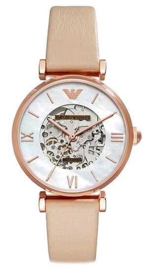 Emporio Armani Meccanico Silver Skeleton Dial Beige Leather Strap Watch For Women - AR60001 Buy Now By Emporio Armani