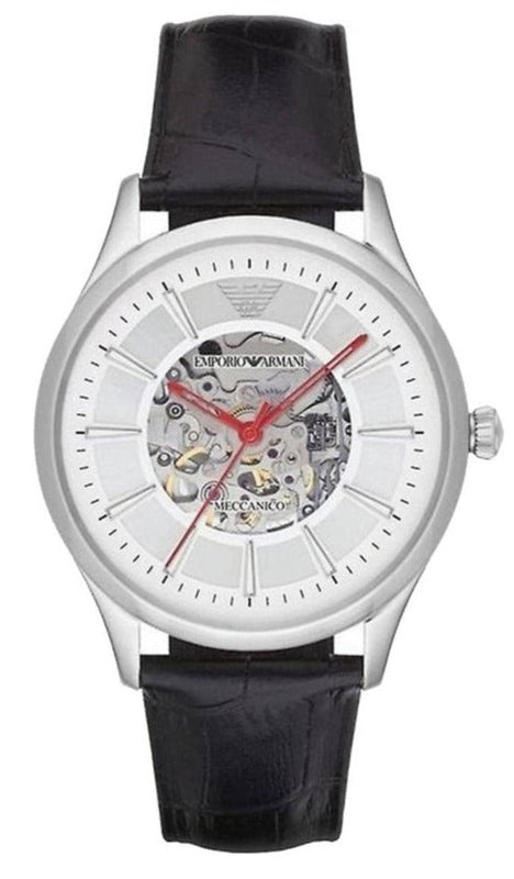 Emporio Armani Meccanico Silver Skeleton Dial Black Leather Strap Watch For Men - AR2072 Buy Now By Emporio Armani
