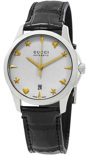 Gucci G Timeless Automatic Silver Dial Black Leather Strap Unisex Watch - YA126468 Buy Now By Gucci