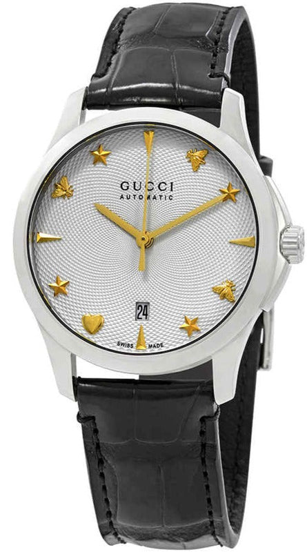 Gucci G Timeless Automatic Silver Dial Black Leather Strap Unisex Watch - YA126468 Buy Now By Gucci