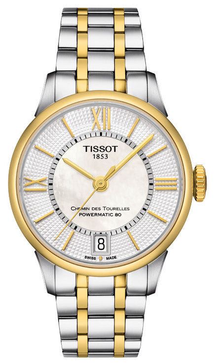 Tissot Chemin Des Tourelles Powermatic 80 Lady Mother of Pearl White Dial Two Tone Steel Strap Watch For Women - T099.207.22.118.00 Buy Now By Tissot