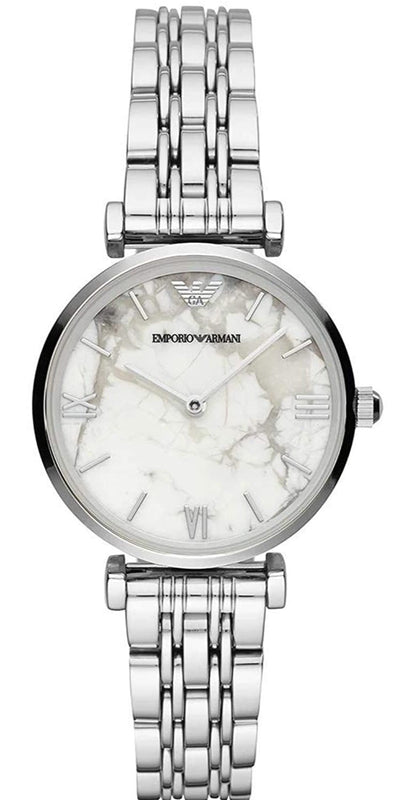 Emporio Armani Gianni T Bar White Marble Dial Silver Steel Strap Watch For Women - AR11170 Buy Now By Emporio Armani