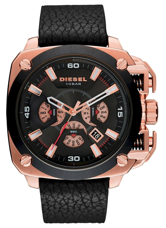 Diesel BAMF Chronograph Black Dial Black Leather Strap Watch For Men - DZ7346 Buy Now By Diesel