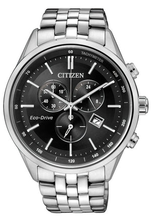 Citizen Eco Drive Chronograph Black Dial Silver Steel Strap Watch For Men - AT2140-55E Buy Now By Citizen