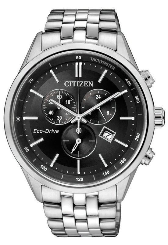 Citizen Eco Drive Chronograph Black Dial Silver Steel Strap Watch For Men - AT2140-55E Buy Now By Citizen