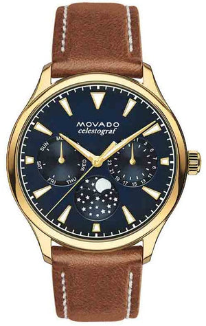 Movado Heritage Celestograf Navy Blue Dial Brown Leather Strap Watch For Women - 3650010 Buy Now By Movado