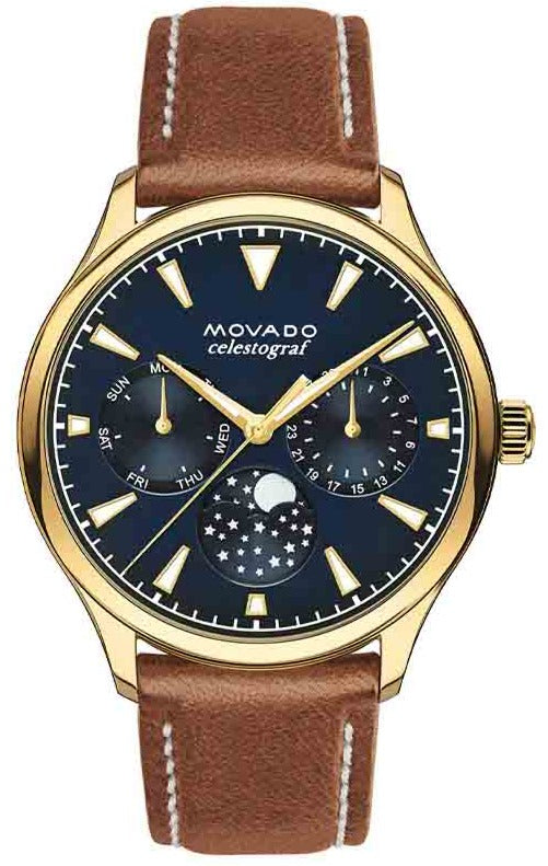 Movado Heritage Celestograf Navy Blue Dial Brown Leather Strap Watch For Women - 3650010 Buy Now By Movado