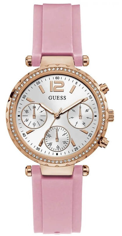 Guess Solstice Diamonds White Dial Pink Rubber Strap Watch For Women - GW0113L4 Buy Now By Guess