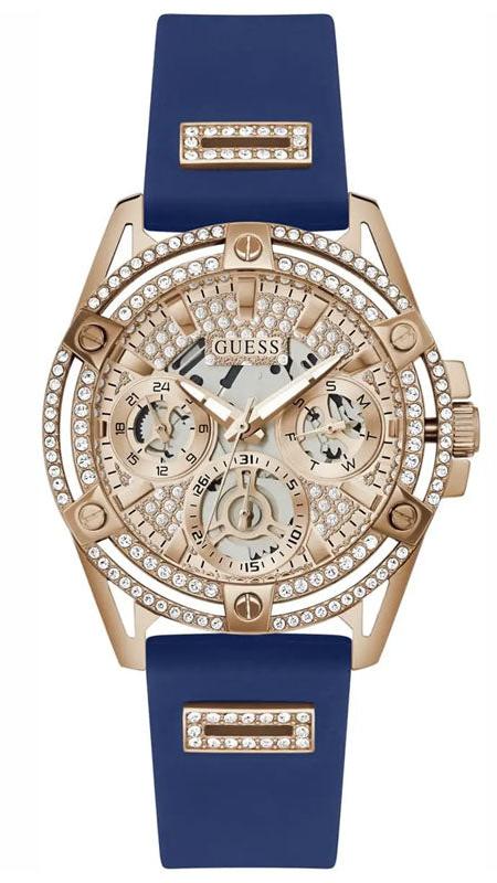 Guess Queen Quartz Crystals Rose Gold Dial Blue Silicone Strap Watch For Women - GW0536L5 Buy Now By Guess
