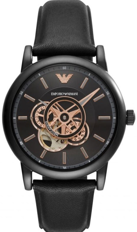 Emporio Armani Luigi Automatic Skeleton Black Dial Black Leather Strap Watch For Men - AR60012 Buy Now By Emporio Armani